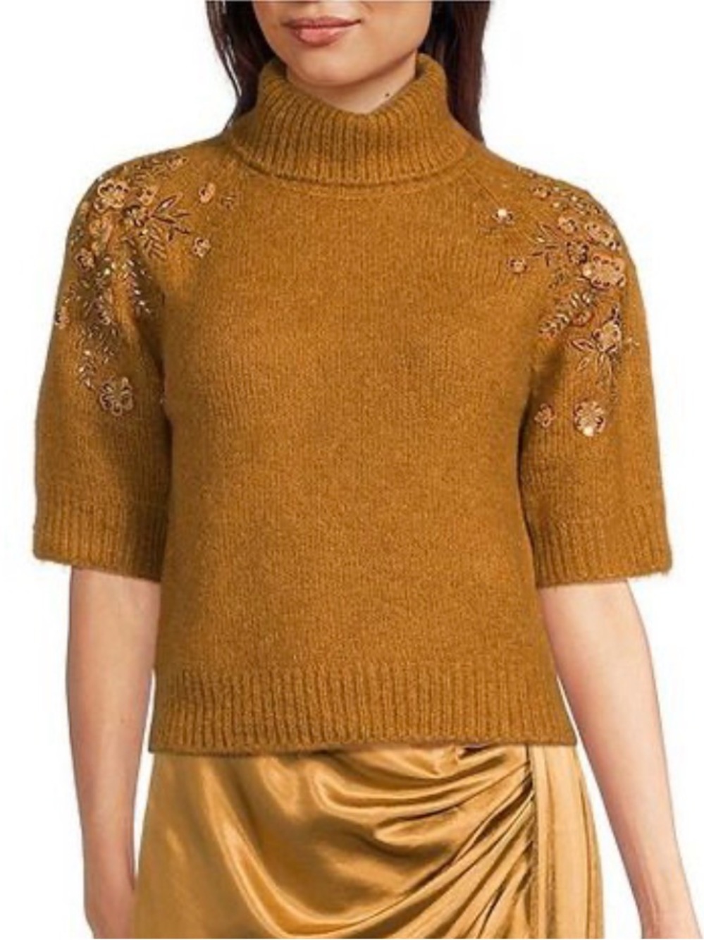 NWT Muse by Marchesa Idra Beaded Turtleneck Knit Sweater Mustard Size L